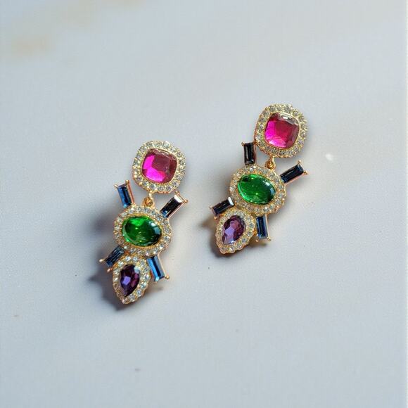 Multi-Color Jeweled Gem Statement Dangle Earrings – Gold Tone Rhinestone Drops - Picture 6 of 12